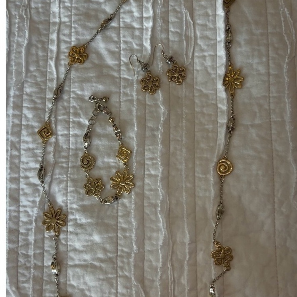 Brighton Set Necklace Bracelet Earrings Two Tone Gold Silver Scroll Signed